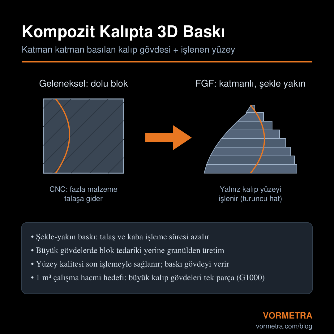 Geleneksel dolu blok CNC ile şekle-yakın katmanlı FGF kalıp gövdesi karşılaştırma şeması
